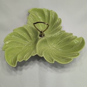 Ceramic Leaf-Form Serving Tray with Gold Handle - Green